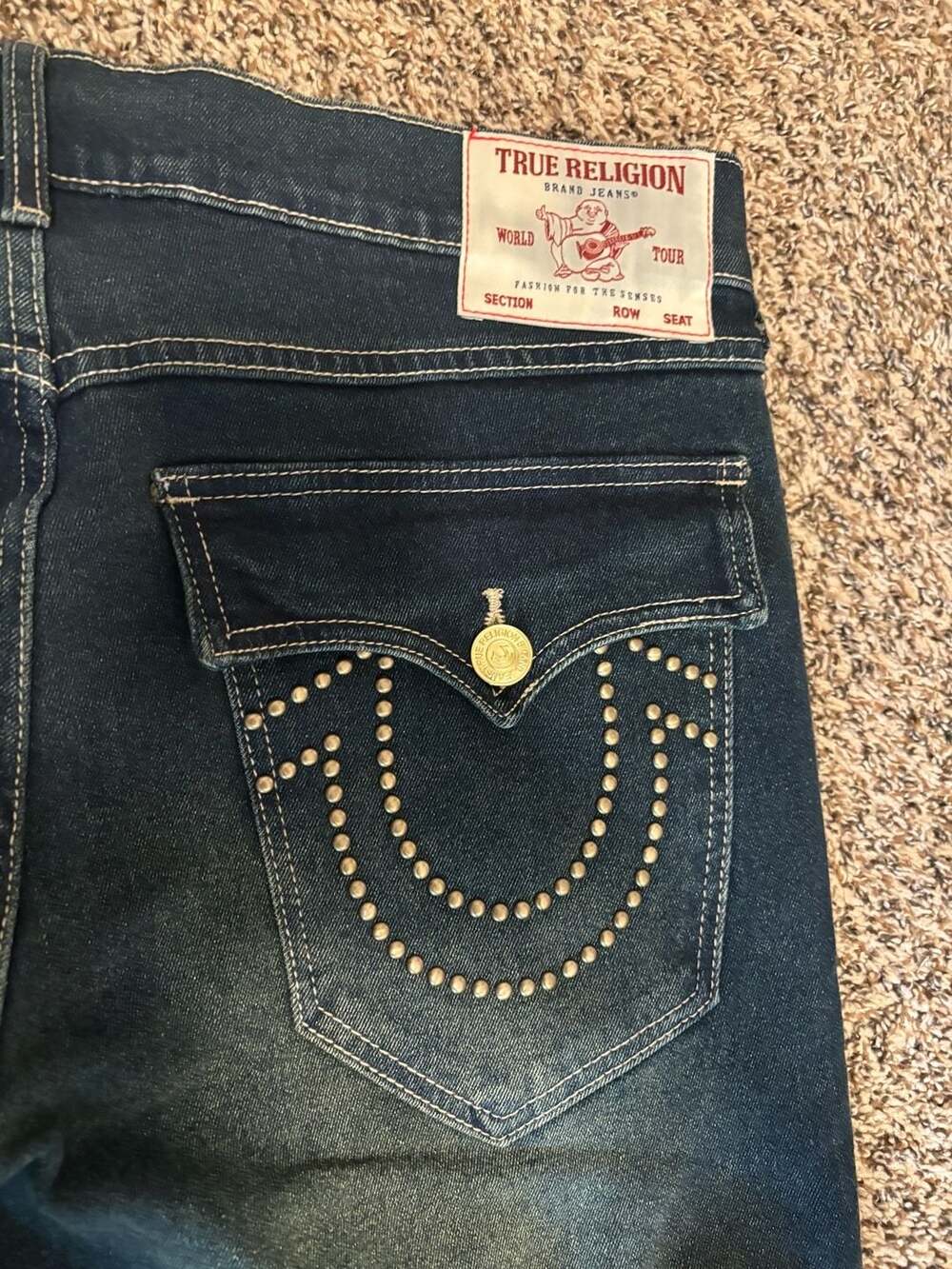 True Religion Men's Geno SN Flap Stud Relaxed Slim Jeans in Medium Amber Nights